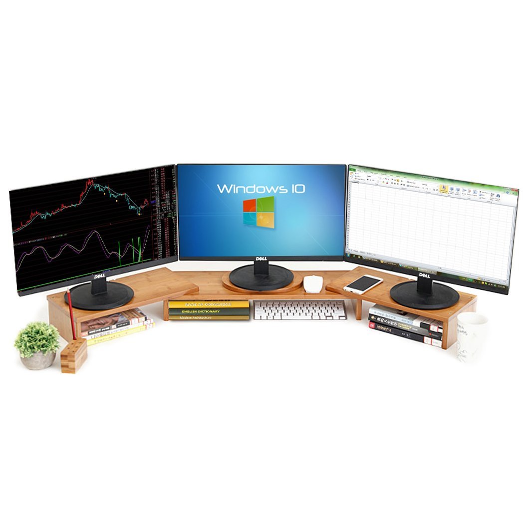 Easeurlife Adjustable Monitor Riser Stand 3 Shelf Bamboo (Length 42 inch ~ 50 inch)