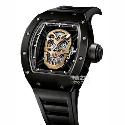 高仿Richard Mille 手表，鬼頭，1比1里查德米爾 RM 52-01全黑色表盘，金色骷髏頭，進口機械機心,黑钢表壳，一比一酒桶形運動手錶-RM理查德·米勒