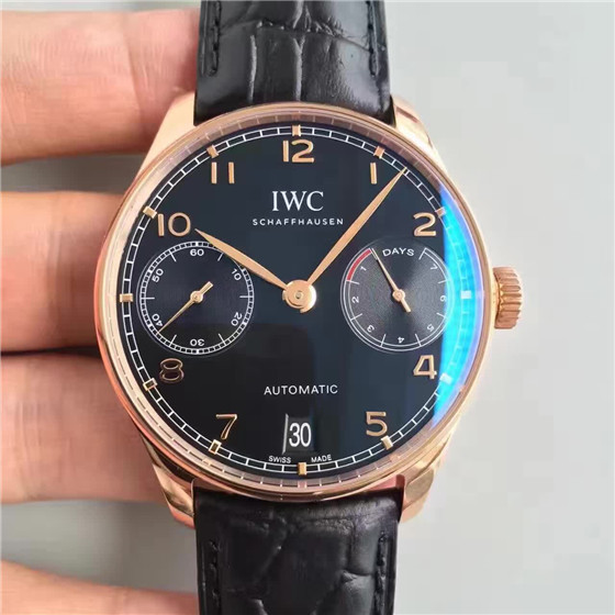 ZF厂V4版，一比一萬國葡萄牙七日鏈系列（葡七），萬國IW500101机械表 真動能顯示,玫瑰金黑面金针表盘，顶级精仿IWC手表