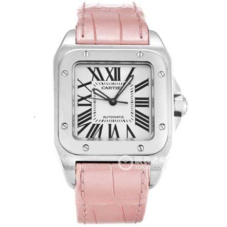 高仿卡地亞長方形女式機械手錶，一比一桑托斯系列，W20126X8，2671瑞士機械，方形44.2x35.6毫米，精鋼材料，粉紅色皮帶配正品表扣，V6廠頂級做工-卡地亚CARTIER