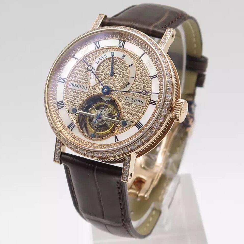 高仿寶璣Breguet鑲鉆陀飛輪手表 1比1复刻寶璣經典復雜系列5317BR/12/9V6腕表,自動機械，39毫米，18k玫瑰金，滿盤鉆，皮帶男士手表-寶玑Breguet