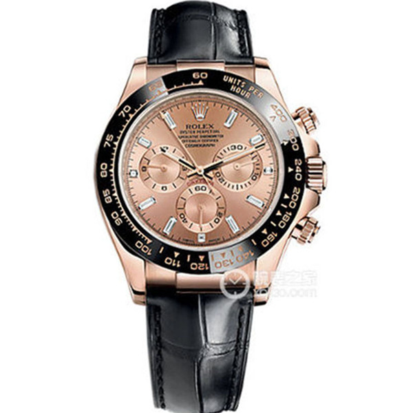 高仿一比一勞力士JF宇宙計型迪通拿系列116515LN粉色盤腕錶,18k玫瑰金錶殼，自動4130機械機心，黑色牛皮錶帶，原裝摺疊扣-勞力士Rolex