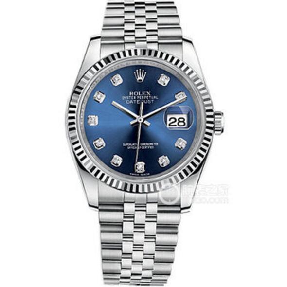 一比一勞力士新品勞力士日誌型系列116234藍盤鑲鉆腕表,自動機械，36毫米，18k白金/不銹鋼，三角坑紋外圈，藍色鉆面精鋼男女手表。-勞力士Rolex