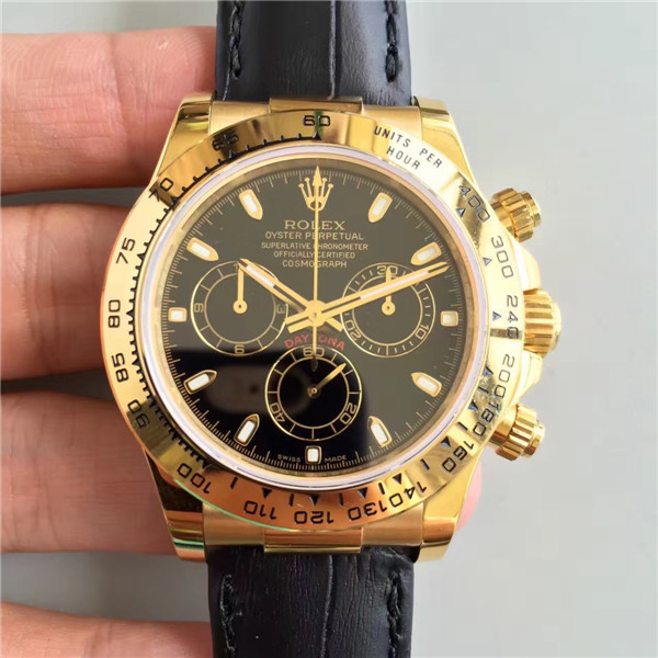 一比一，A货 Rolex Daytona 高仿勞力士迪通拿宇宙計型116518黑盘腕表，4130計時機械腕表，真牛皮表带折叠扣，NOOB廠完美-勞力士Rolex