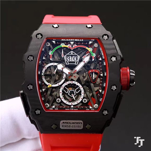 RM50-03红色款，高仿理查德·米勒RM50-03 McLaren F1超輕雙秒追針陀飛輪計時碼錶，錶殼、錶帶和機芯使用了碳纖維，日本西鐵城全自動機芯-RM理查德·米勒