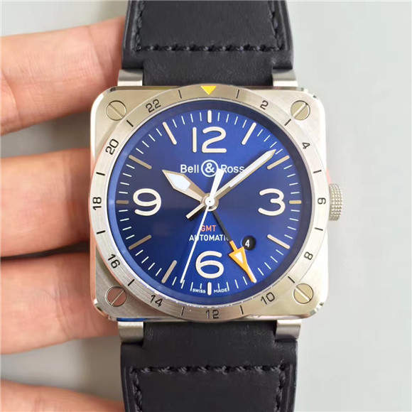 一比一 BR 柏萊士機械手錶，精仿柏萊士Bell & Ross，柏萊士AVIATION系列BR03-93 GMT腕錶，藍色精鋼方形錶殼，藍寶石玻璃，牛皮錶帶手錶-柏萊士 Bell & Ross