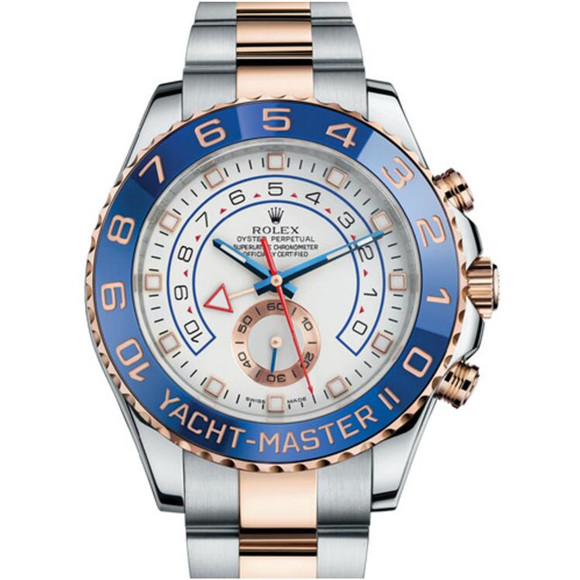 JF廠 超A復刻勞力士手錶-Rolex Yacht Master II 44玫瑰金鋼藍陶瓷圈白面男表116681-0001,藍色計時針，7750機心，一比一做工-勞力士Rolex