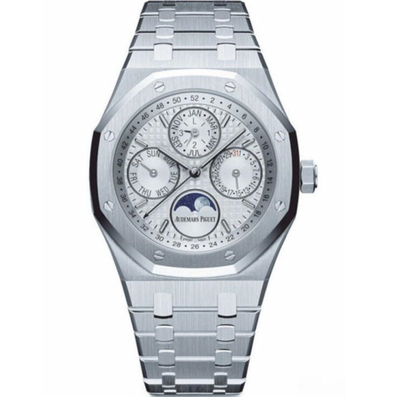 JF工廠，AP愛彼皇家橡樹系列26574ST.OO.1220ST.01，白色錶盤，完全精鋼拉絲做工，一比一復刻，萬年曆自動機心，Royal Oak多功能機械手錶-愛彼Audemars Piguet
