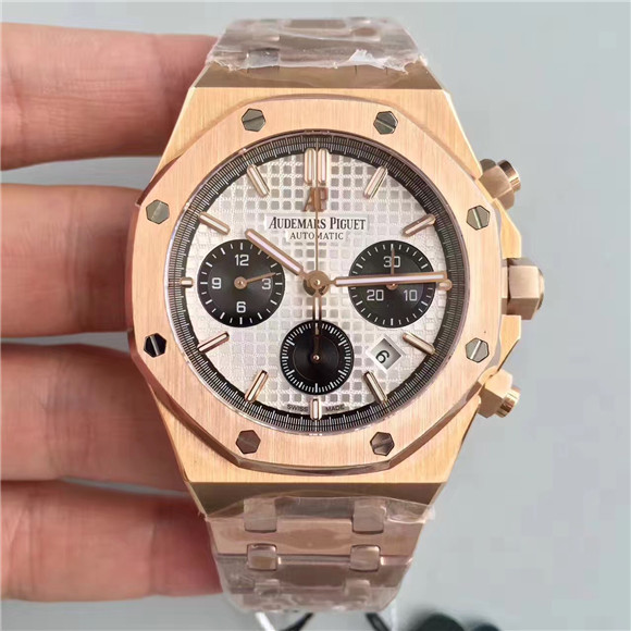 AP新款復刻計時碼錶 1比1愛彼皇家橡樹系列計時碼錶26331金熊貓，41mm，頂級做工的玫瑰金精鋼錶殼，復刻計時自動機芯，白色錶盤，超A品質-愛彼Audemars Piguet