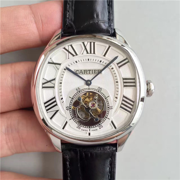 高仿陀飛陀手錶 一比一卡地亞Drive de Cartier系列浮動式陀飛輪腕錶W4100013,陀飛輪機械機芯-18K白金精鋼手錶，藍石寶水晶鏡面，男士腕錶。-卡地亚CARTIER