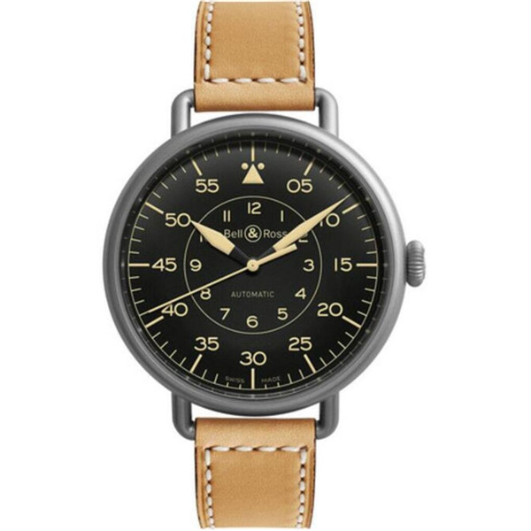 1比1 Bell & Ross柏萊士自動機械腕錶，高仿超A復刻BR柏萊士VINTAGE 系列WW1-92腕錶,黑色PVD磨砂精鋼錶殼，夜光指針，黃牛皮，原針扣-柏萊士 Bell & Ross