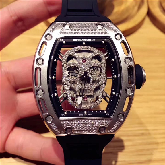 一比一手錶，高仿RM骷髏頭手錶，1：1 Richard Mille手錶，理查德米勒RM52鏤空鑲鑽骷髏頭腕錶，精鋼酒桶方形鑲鑽錶殼，膠錶帶，酷勁男表-RM理查德·米勒
