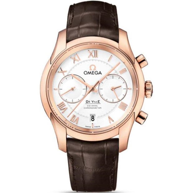 一比一OMEGA歐米茄計時手錶，碟飛系列431.53.42.51.02.001，原裝1比1開模復刻，玫瑰金精鋼，白色錶盤，牛皮錶帶，原裝表扣，白領男士手錶-欧米茄 OMEGA