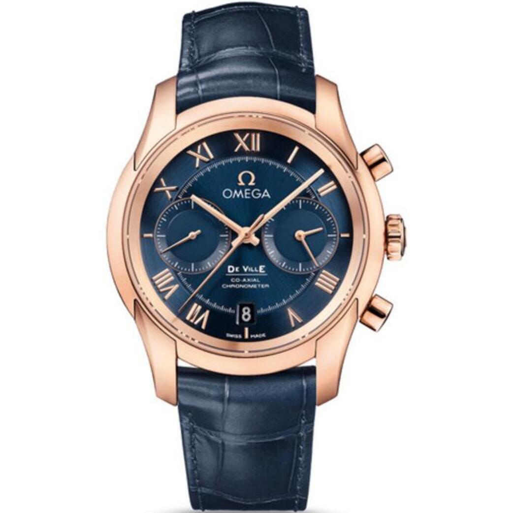 高仿OMEGA歐米茄同軸擒縱計時手錶，碟飛系列431.53.42.51.03.001，原裝1比1開模復刻，玫瑰金精鋼，藍色錶盤，牛皮錶帶，原裝表扣，男士手錶-欧米茄 OMEGA