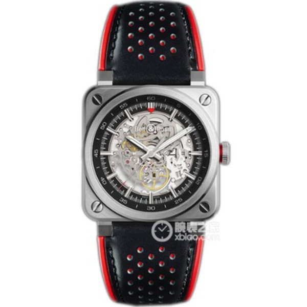 1比1柏萊士BR鏤空機械男表 柏萊士INSTRUMENTS系列BR 03-92 AEROGT腕錶，方形緞光拋光精鋼殼，金屬鏤空錶盤，黑色小牛皮超A男表-柏萊士 Bell & Ross