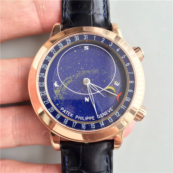 一比一百達翡麗PP復刻腕錶，PP超級複雜功能星空(Celestial)腕錶6102P，18k玫瑰金精鋼錶殼，藍色錶盤，和原裝一樣的月相功能，背透機心男表-百達翡麗Patek Philippe