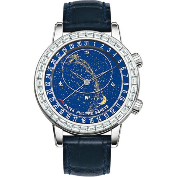 PP藍色星空鑲鑽男表，一比一百達翡麗超級複雜功能計時系列白金鑲鑽星空腕錶6104G-001，精鋼錶殼，和原裝一樣的月相功能，背透機心，超A做工-百達翡麗Patek Philippe