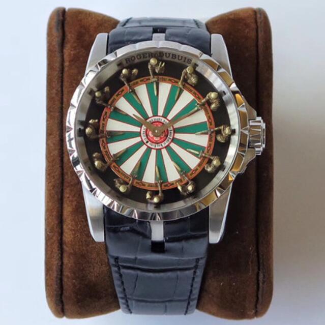 高仿羅傑杜彼EXCALIBUR（王者系列）系列RDDBEX0398圓桌騎士腕錶，有12個騎士形態各異，栩栩如生，綠白色大錶盤，白精鋼錶殼，牛皮男士手錶-羅傑杜彼Roger Dubuis