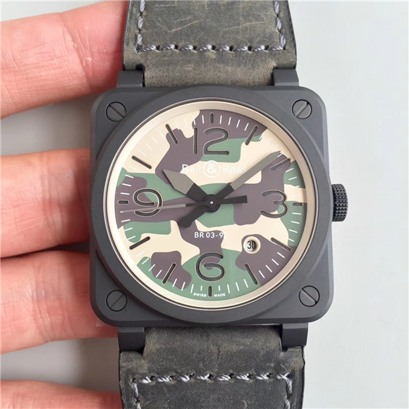 BR新品 一比一柏萊士BR 03-92 BLACK CAMO腕錶，黑色PVD鍍層精鋼錶殼，新穎的迷彩色錶盤面，自動機械機芯，夜光指針，超A方形個性男機械錶-柏萊士 Bell & Ross