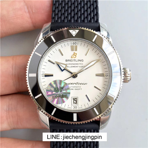精仿乱真百年靈機械手錶，1：1復刻超級海洋文化二代42mm腕錶，白色表面，陶瓷單向旋轉表圈，密底防水性好，橡膠錶帶，GF厂真假难分-百年靈Breilting