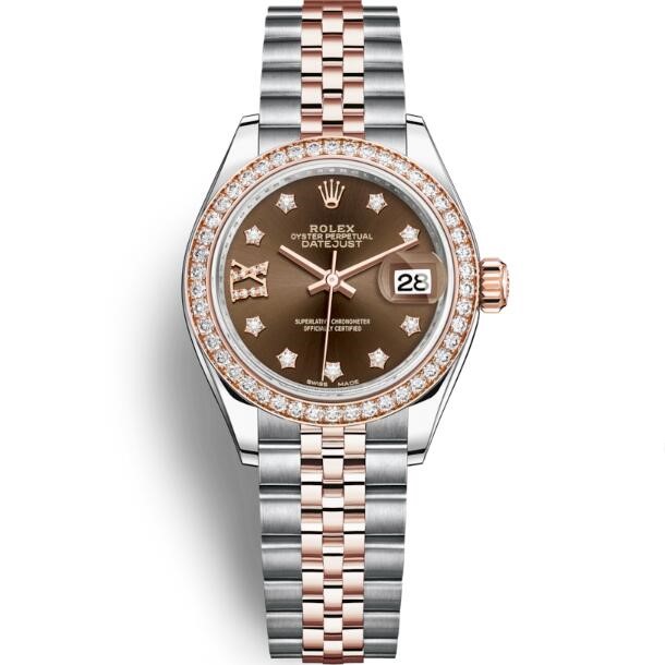 超A勞力士Rolex女裝日誌型腕錶，女裝日誌型28㎜系列279381RBR，一比一蚝式，鑽石、永恆玫瑰金，巧克力色，鑲嵌鑽石，紀念型，五排鏈節-勞力士Rolex