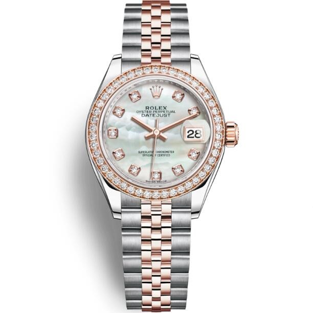 高仿勞力士Rolex經典女裝腕錶，一比一復刻勞力士女裝日誌型28㎜系列279381RBR，超A蚝式，鑽石、永恆玫瑰金，白色珍珠母鑲有鑽石，小巧玲瓏-勞力士Rolex