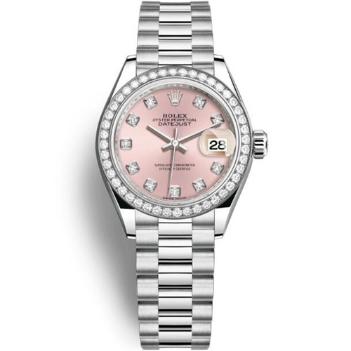 超A勞力士女裝手錶，1：1 Rolex勞力士女裝日誌型28㎜系列M279136RBR粉盤腕錶，超A蚝式，28毫米，鉑金及鑽石，小巧玲瓏，適合小手腕配帶-勞力士Rolex