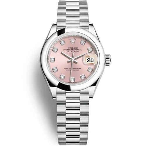 一比一勞力士鑲鑽女表，超A Rolex勞力士女裝日誌型28㎜系列M279166粉盤腕錶，完美復刻蚝式，28毫米，鉑金及鑽石，更適合夏天配帶的腕錶-勞力士Rolex