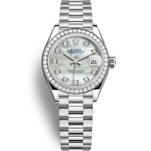 1：1 Rolex勞力士女表，超A復刻Rolex勞力士女裝日誌型28㎜系列M279136RBR腕錶，一比一蚝式，28毫米，白色珍珠貝母鑲有鑽石，香港仿表-勞力士Rolex